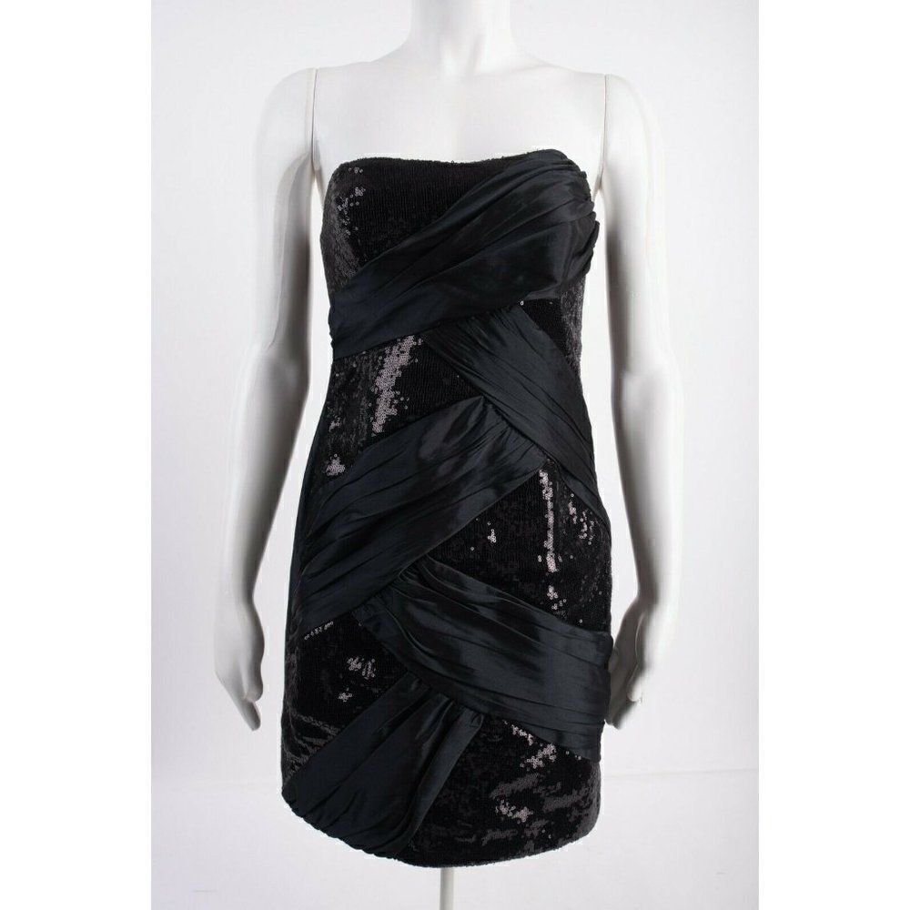 Alexia Admor Womens Mini Dress Sequined S Black Sequins Strapless Ruche Cocktail